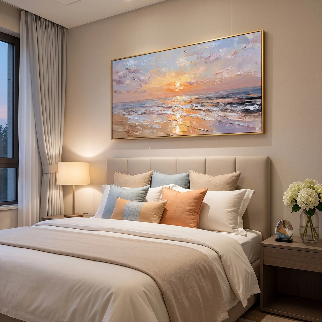 Pastel Sunset Beach Canvas Print with Ocean Waves TA