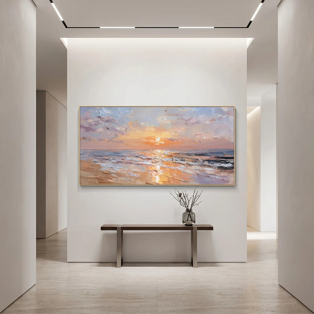 Pastel Sunset Beach Canvas Print with Ocean Waves TA