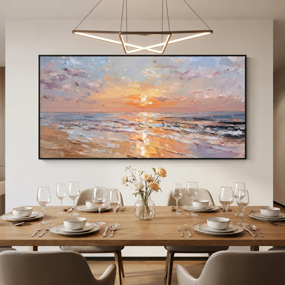 Toile imprimée Plage au Coucher du Soleil Pastel avec Vagues Océaniques TA