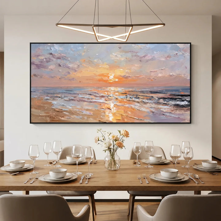 Toile imprimée Plage au Coucher du Soleil Pastel avec Vagues Océaniques TA
