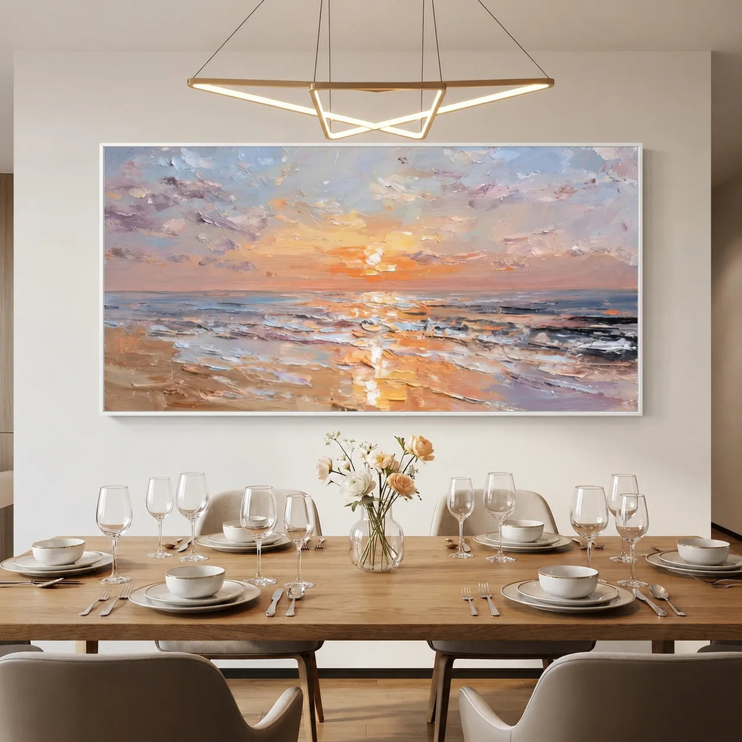 Toile imprimée Plage au Coucher du Soleil Pastel avec Vagues Océaniques TA