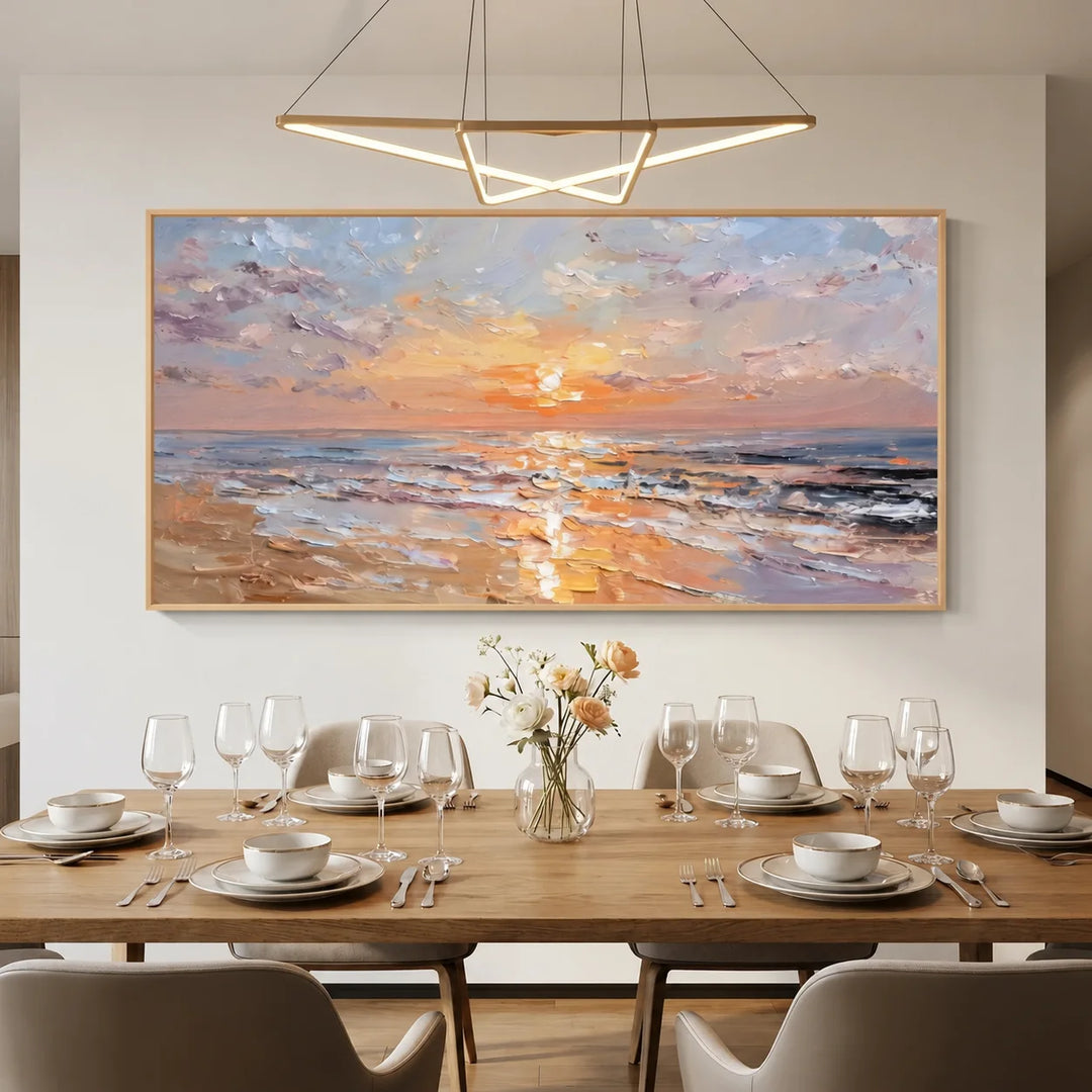 Toile imprimée Plage au Coucher du Soleil Pastel avec Vagues Océaniques TA
