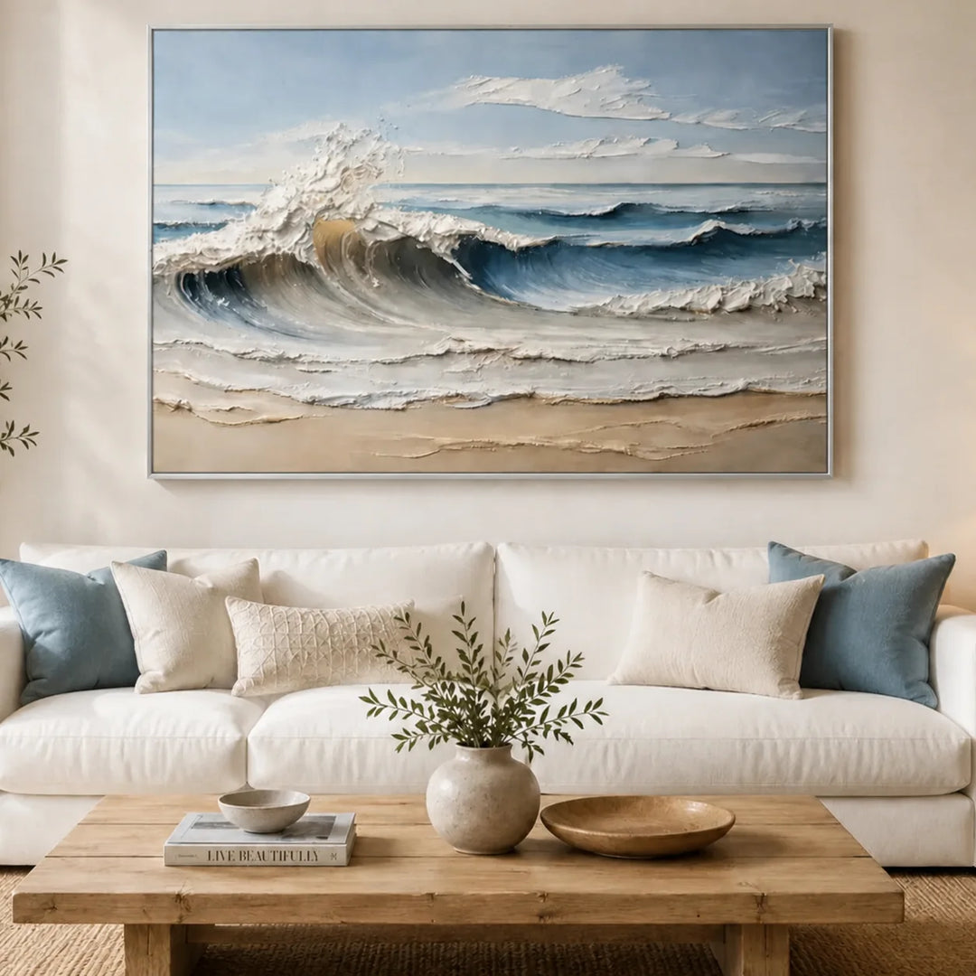 Peinture de paysage marin moderne texturé bleu marée calme SP