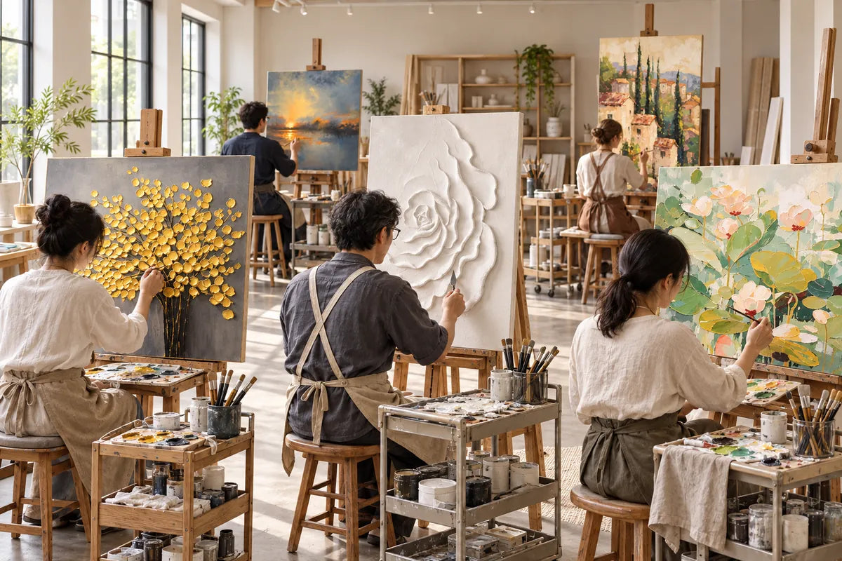 Artists working individually on paintings in a studio