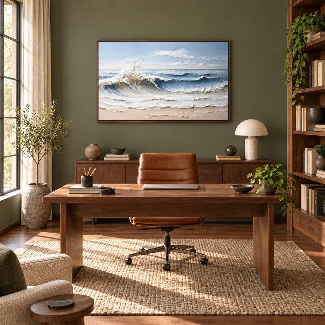 SP2101 textured blue ocean waves painting in dark-wood floating frame, coordinated complete home interior
