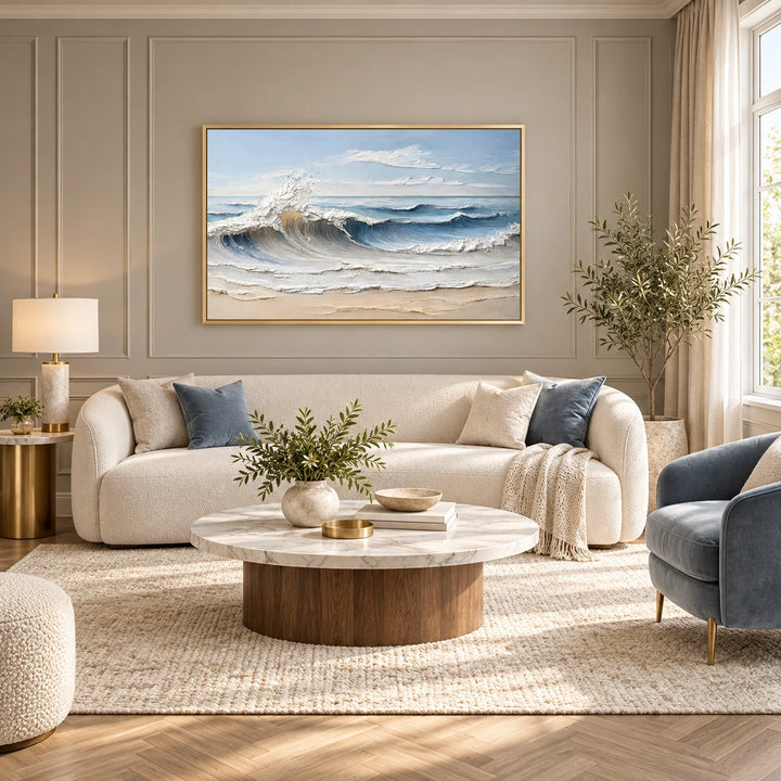 SP2101 textured blue ocean waves painting in gold floating frame, coordinated complete home interior