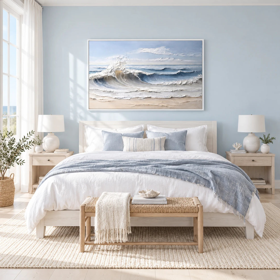 SP2101 textured blue ocean waves painting in white floating frame, coordinated complete home interior