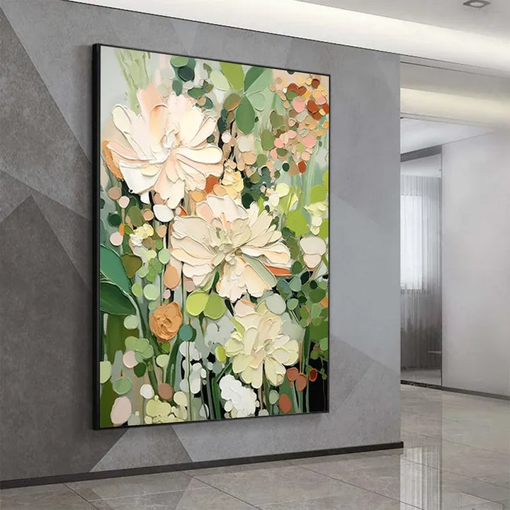 Cream Green Impasto Floral Painting MT
