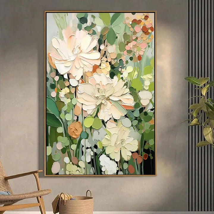 Cream Green Impasto Floral Painting MT
