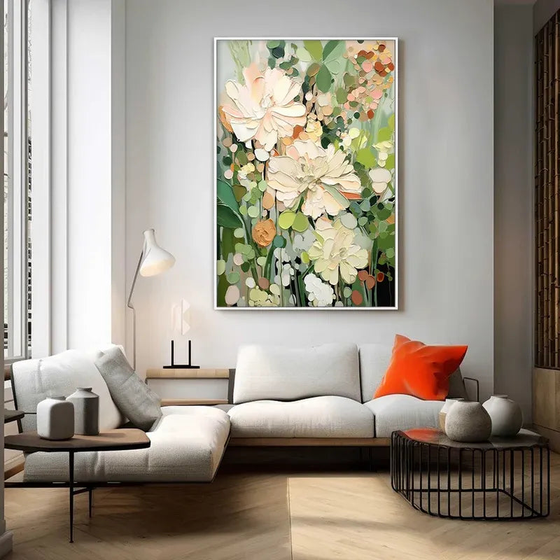 Cream Green Impasto Floral Painting MT