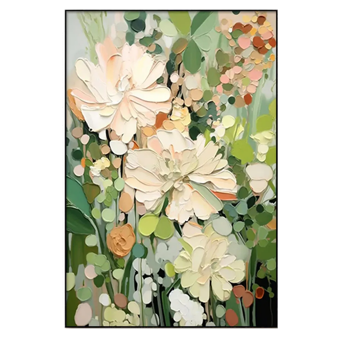 Cream Green Impasto Floral Painting MT