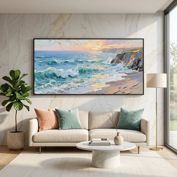 Sunset Coastal Seascape Textured Canvas Wall Art Print TA