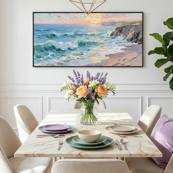 Sunset Coastal Seascape Textured Canvas Wall Art Print TA