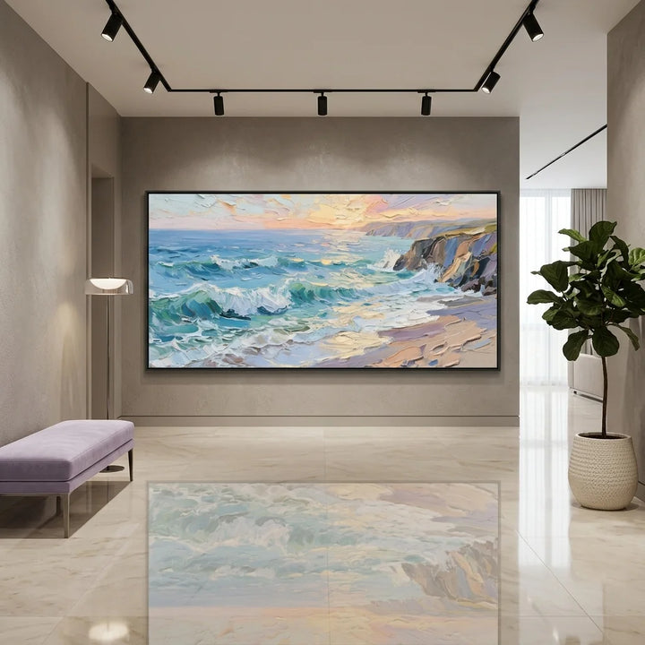 Sunset Coastal Seascape Textured Canvas Wall Art Print TA