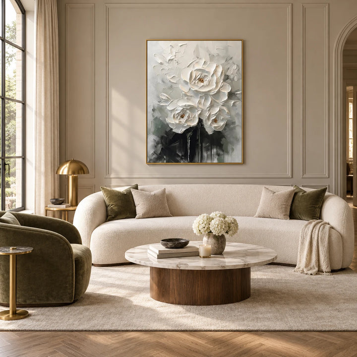 TA030501 white floral relief in gold frame, full styled home interior