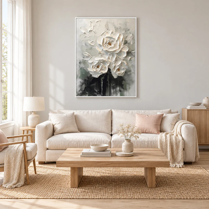 TA030501 white floral relief in white frame, full styled home interior