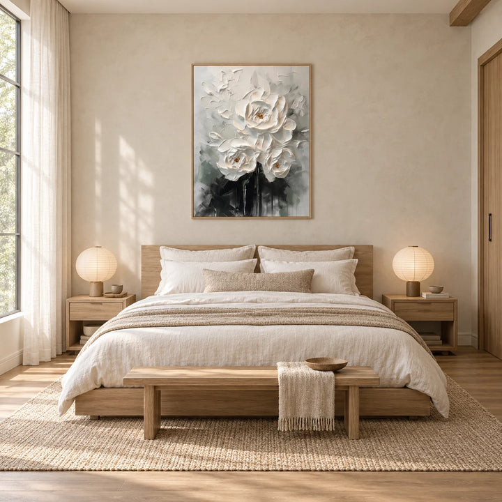 TA030501 white floral relief in wood frame, full styled home interior