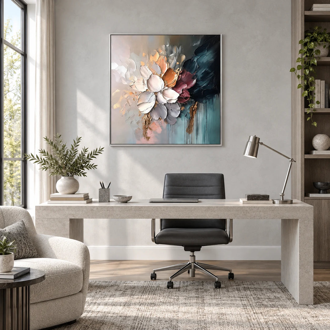 TA030510 Moody Bloom Textured Abstract Floral Art in silver frame, full styled home interior