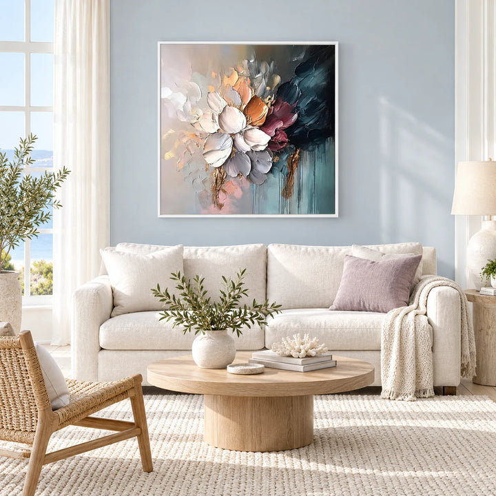 TA030510 Moody Bloom Textured Abstract Floral Art in white frame, full styled home interior