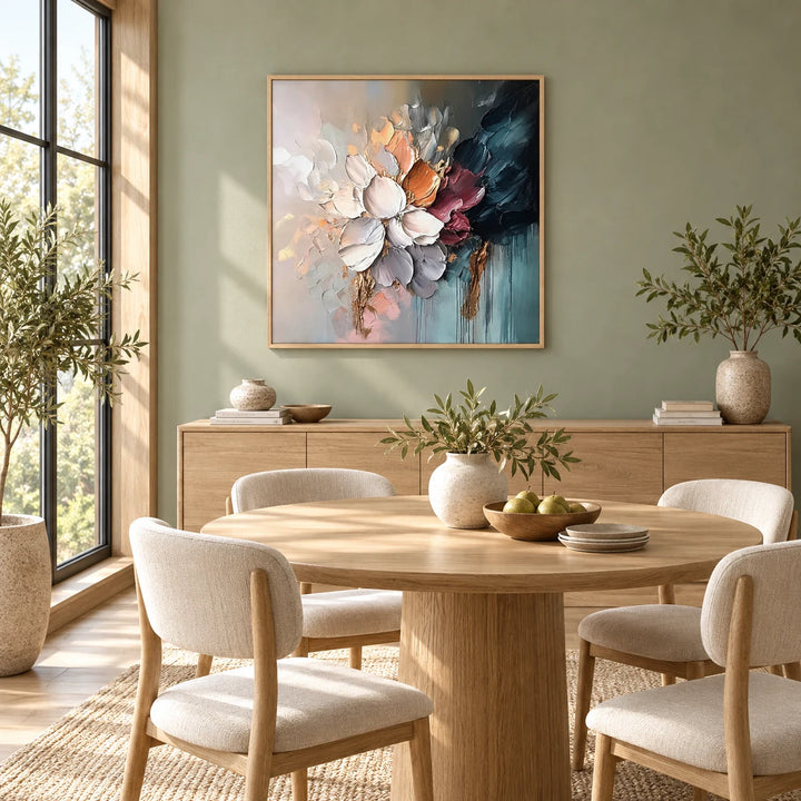 TA030510 Moody Bloom Textured Abstract Floral Art in wood frame, full styled home interior