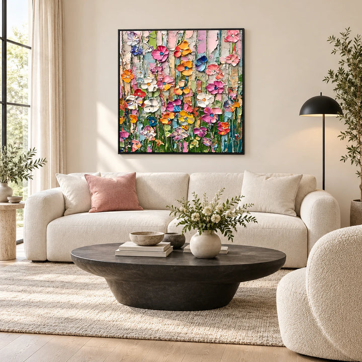 TA030513 Candy Bloom impasto floral painting in black frame, full styled home interior