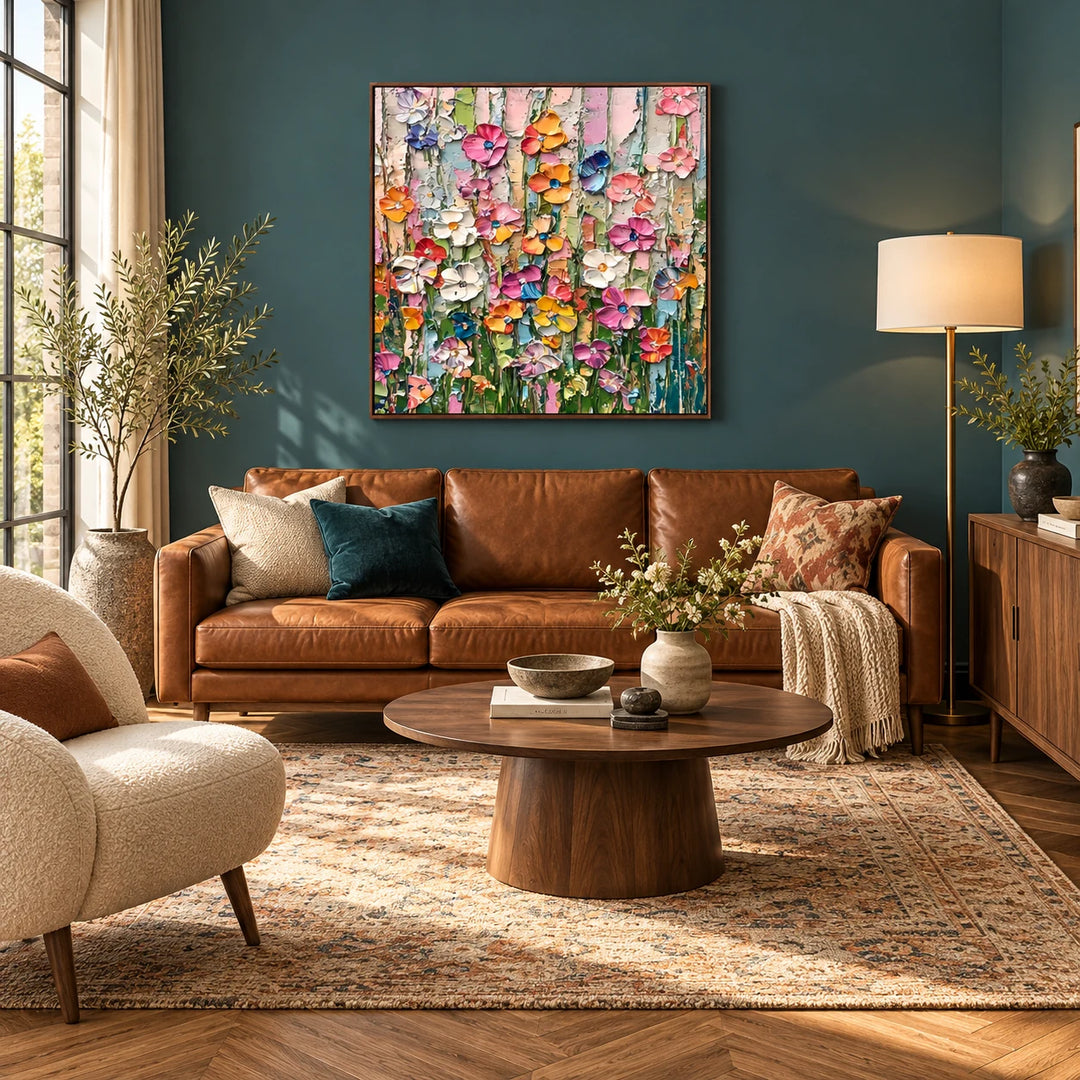 TA030513 Candy Bloom impasto floral painting in dark wood frame, full styled home interior
