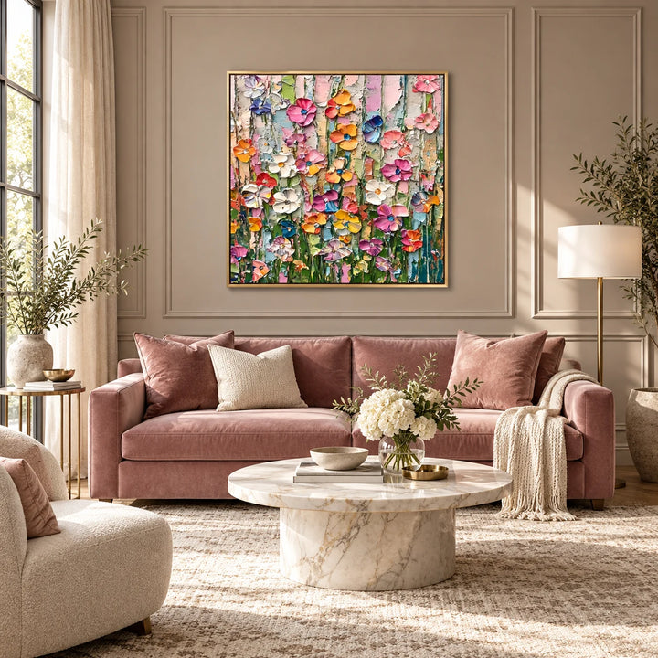 TA030513 Candy Bloom impasto floral painting in gold frame, full styled home interior