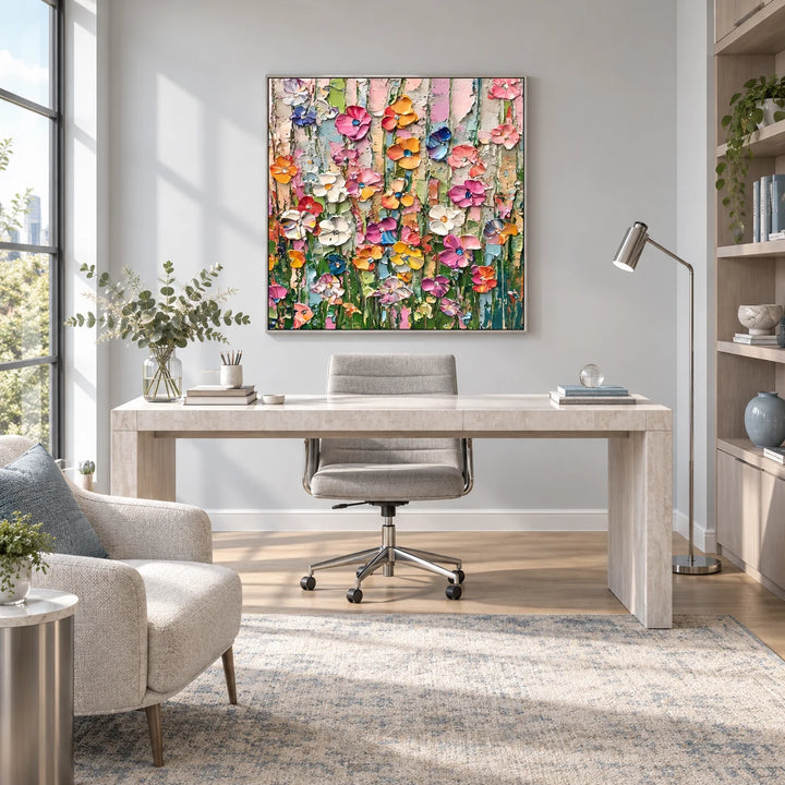 TA030513 Candy Bloom impasto floral painting in silver frame, full styled home interior