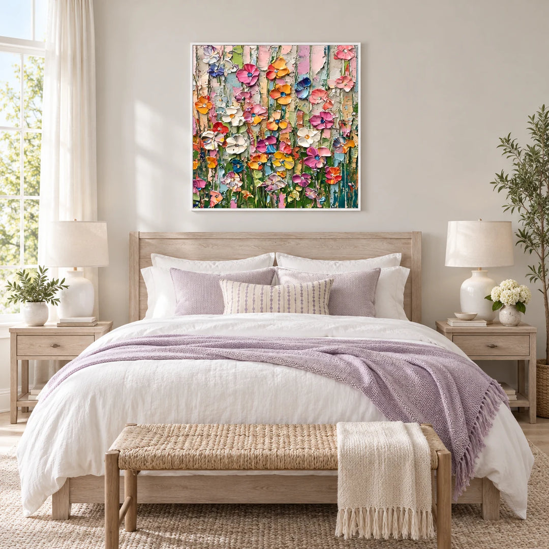 TA030513 Candy Bloom impasto floral painting in white frame, full styled home interior