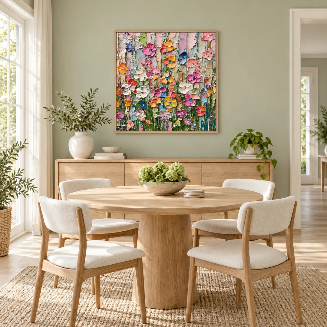 TA030513 Candy Bloom impasto floral painting in wood frame, full styled home interior