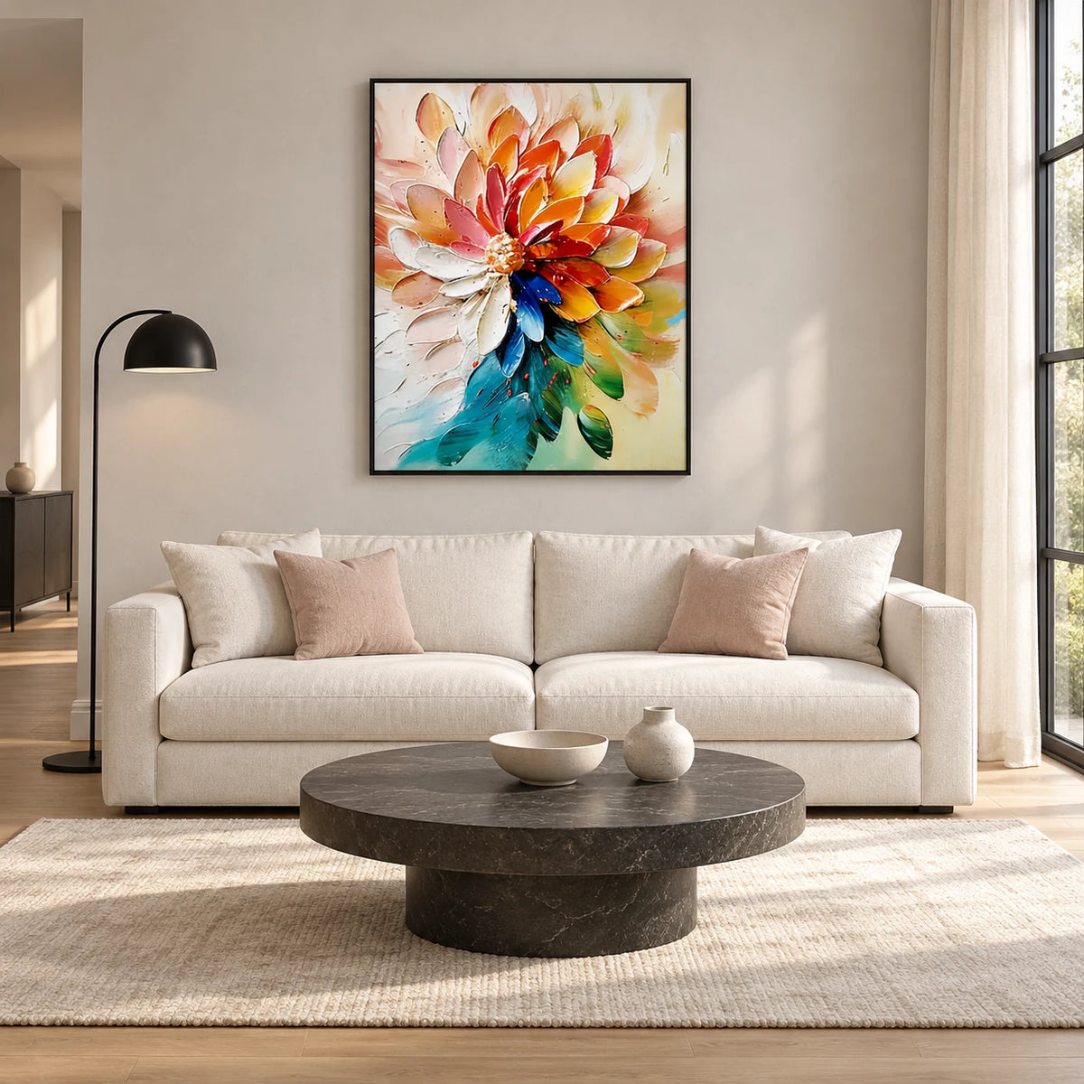 Same room with Vibrant Rainbow Dahlia Thick Impasto Floral Art TA#0354 in Black Frame