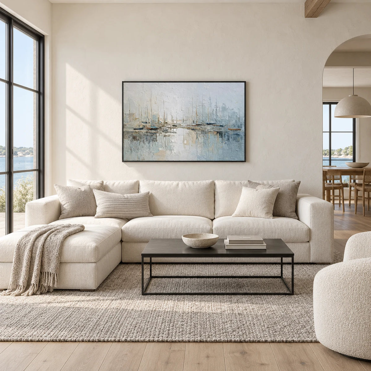 Same room with Misty Harbor Sailboat Canvas Painting in Soft Blue Tones TA#1208 in Black Frame