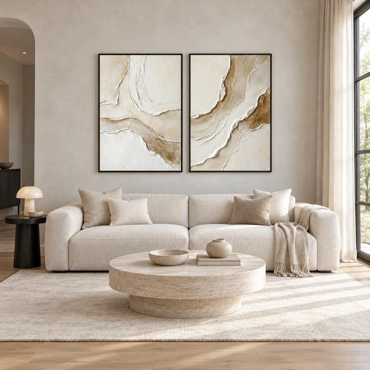Same room with Gold Vein Abstract Diptych Canvas Painting Neutral Art TA#1217 in Black Frame