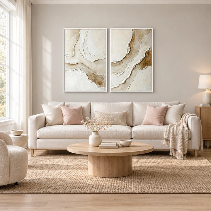 TA1217 artwork diptych in white frame, full styled home interior
