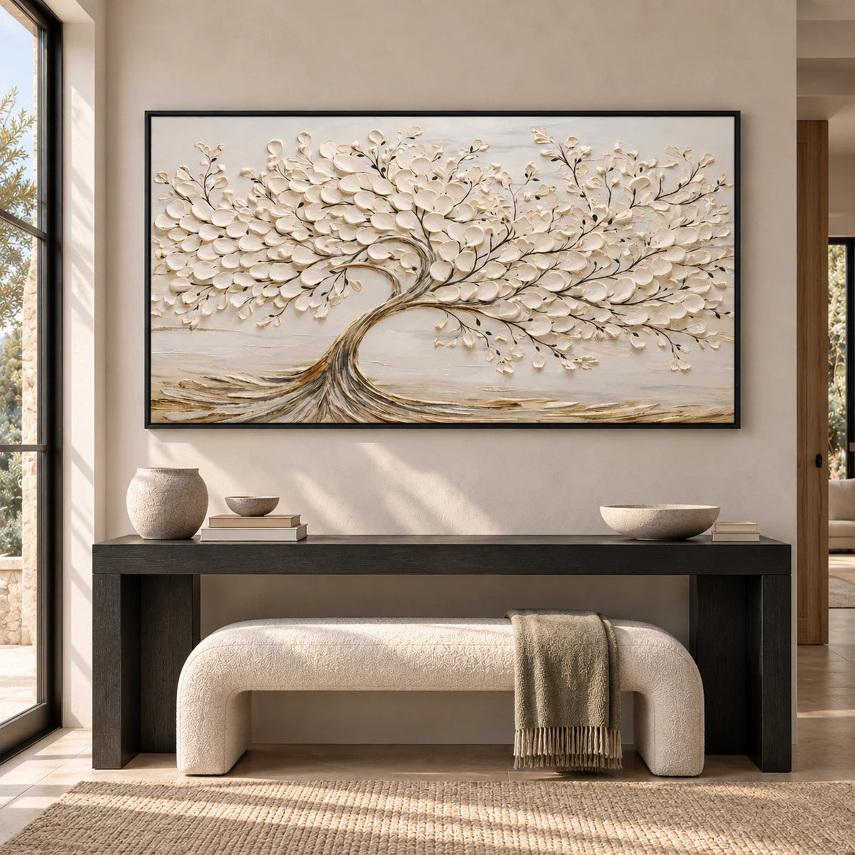 Same room with Cream White Textured Tree Relief Painting TA#2915 in Black Frame