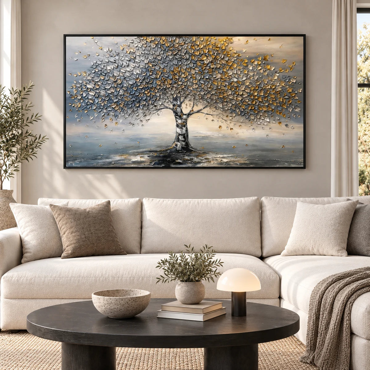 Same room with Silver and Gold Tree of Life Textured Painting TA#2916 in Black Frame