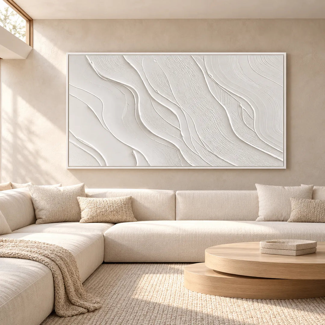 TA2919 white frame in a unique cream, natural oak and linen room
