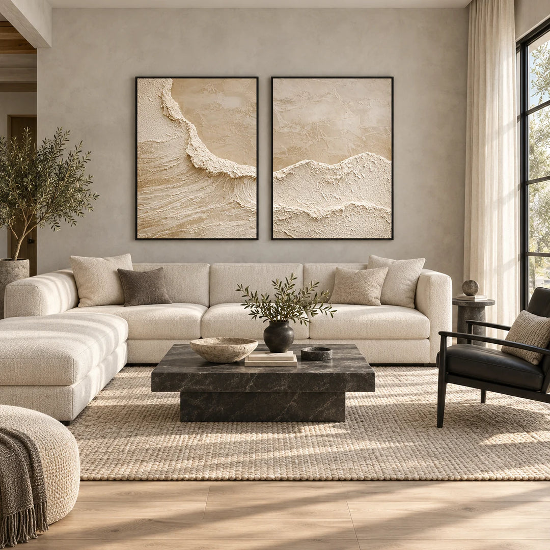 TA2920 textured neutral diptych in black frames, styled full home interior