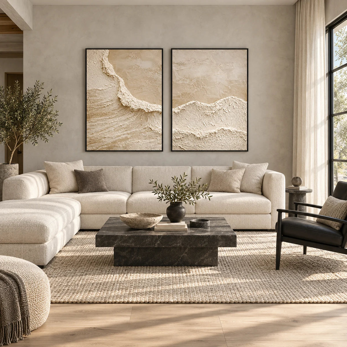 Same room with Textured Abstract Oil Painting Set for Living Room TA#2920 in Black Frame