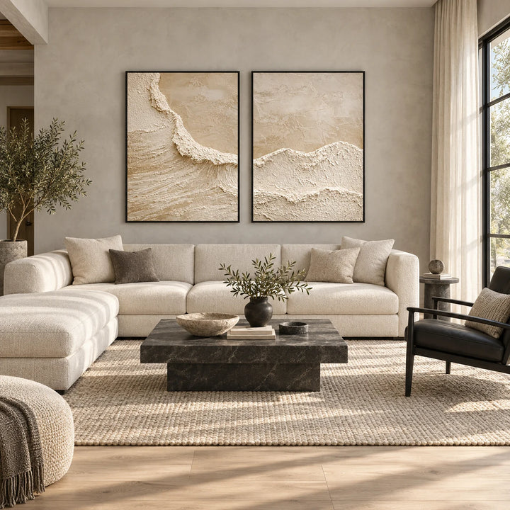 TA2920 textured neutral diptych in black frames, styled full home interior