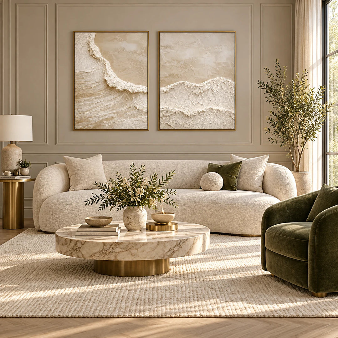 TA2920 textured neutral diptych in gold frames, styled full home interior