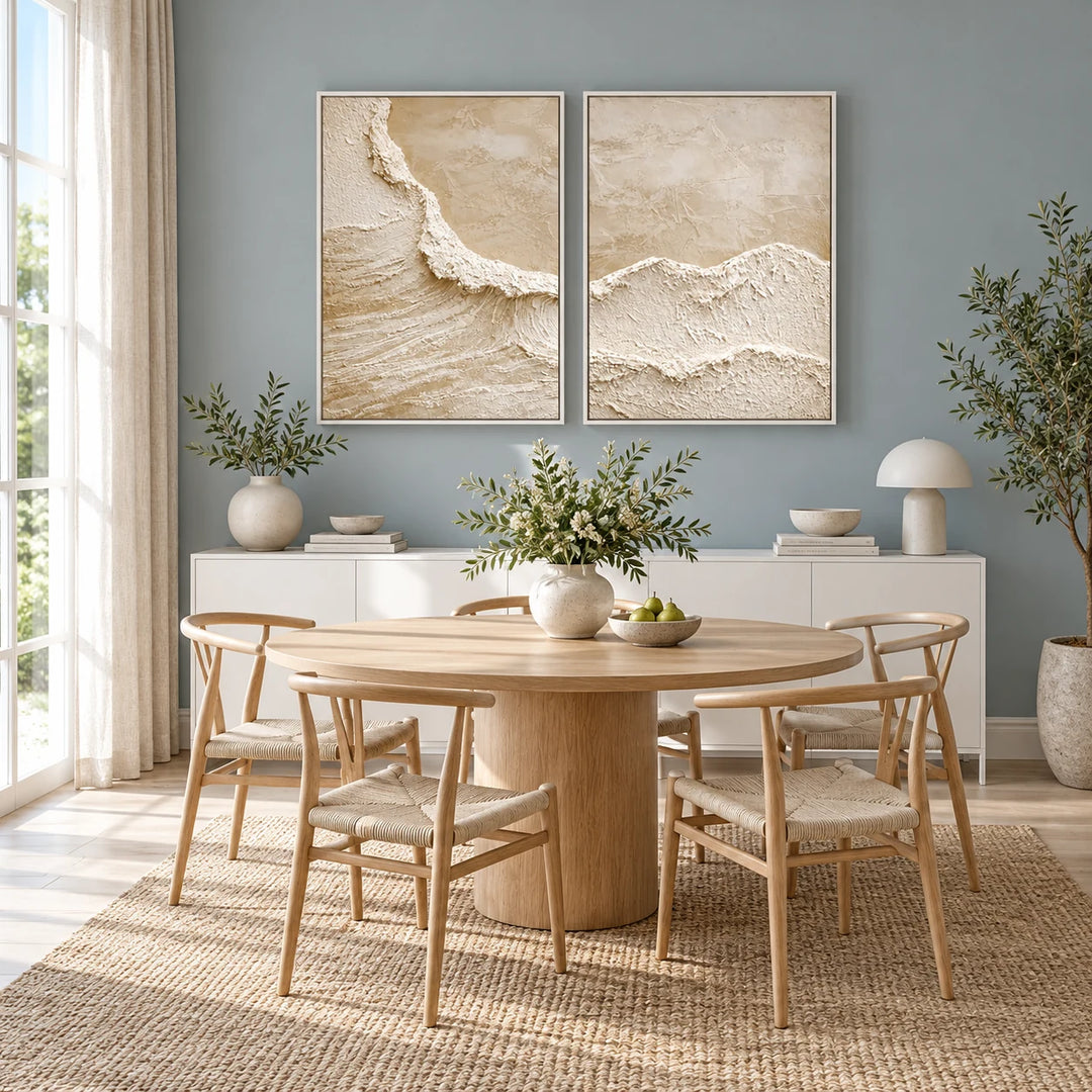 TA2920 textured neutral diptych in white frames, styled full home interior