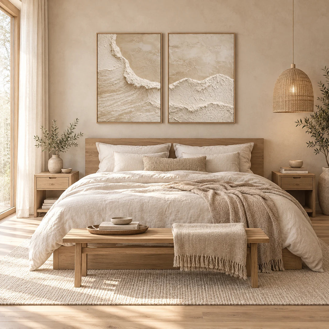 TA2920 textured neutral diptych in wood frames, styled full home interior