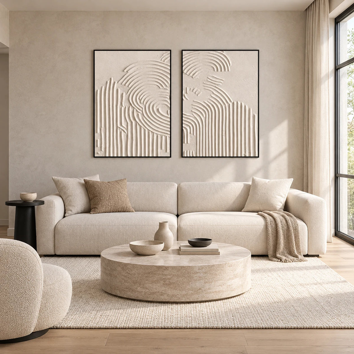 Same room with Ivory Grooved Relief Textured Diptych TA#2922 in Black Frame