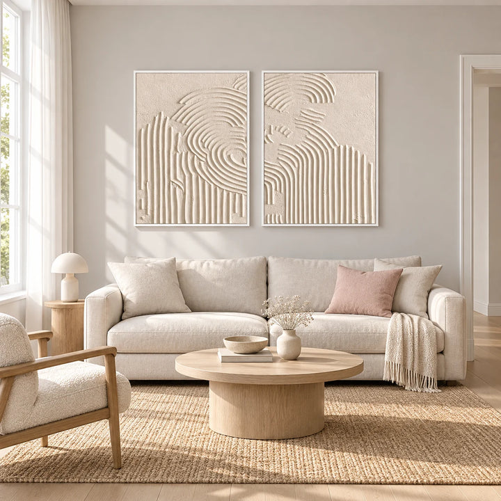 TA2922 artwork diptych in white frame, full styled home interior