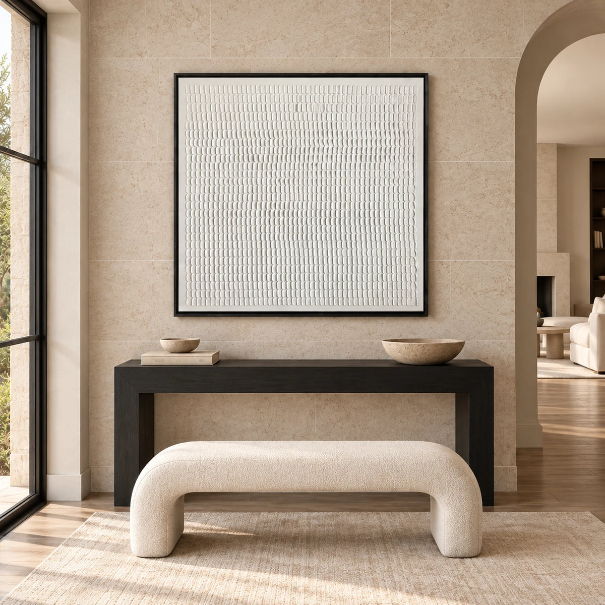 Same room with White Geometric Grid Relief Textured Painting TA#2926 in Black Frame