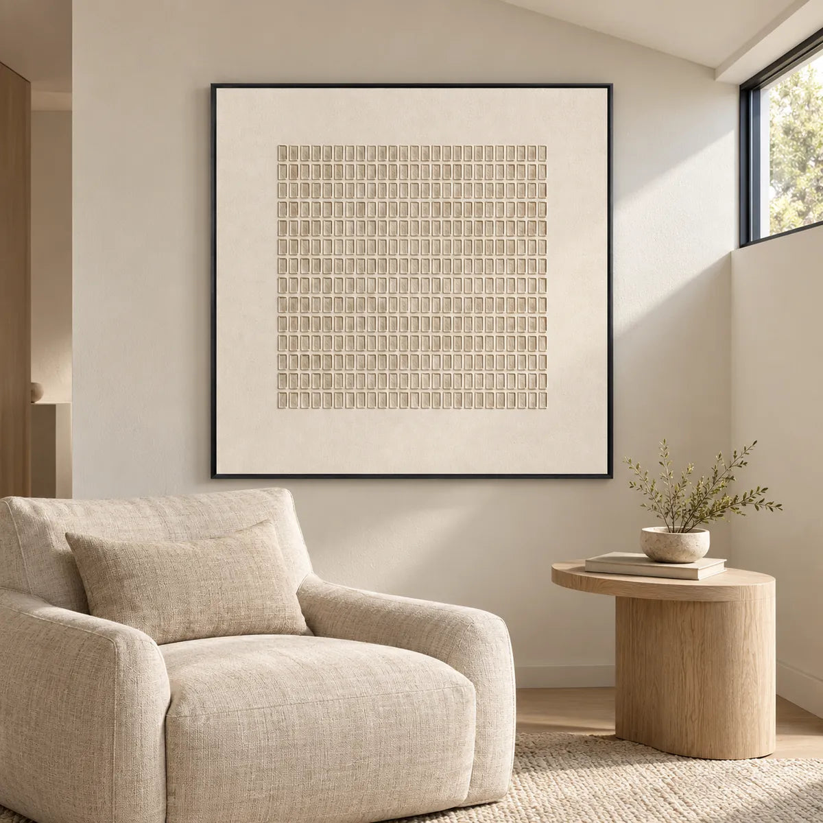 Same room with Ivory Minimal Grid Embossed Relief Painting TA#2927 in Black Frame