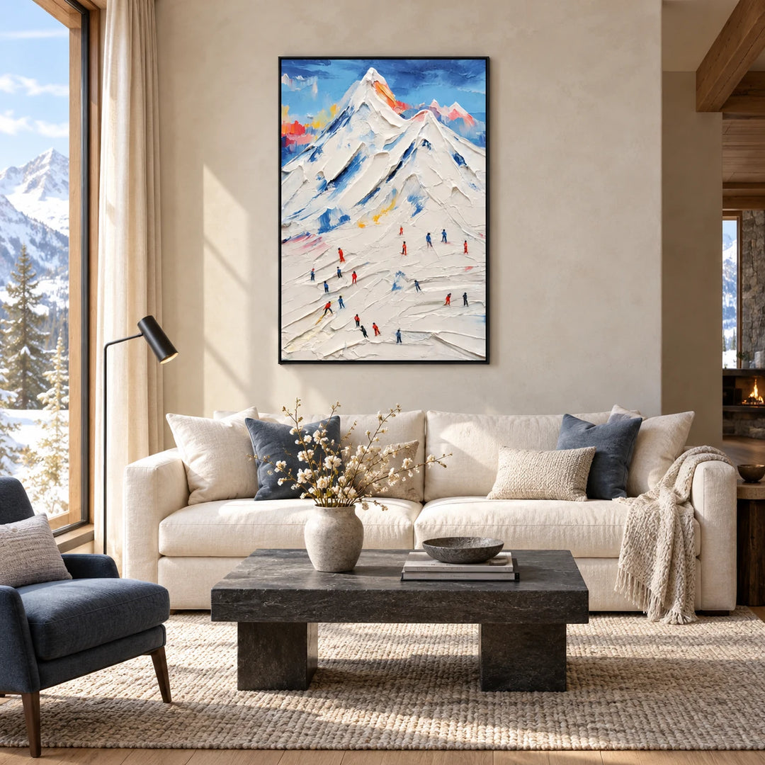 TA2929 Impasto Ski Mountain Landscape Painting in black frame, full styled home interior