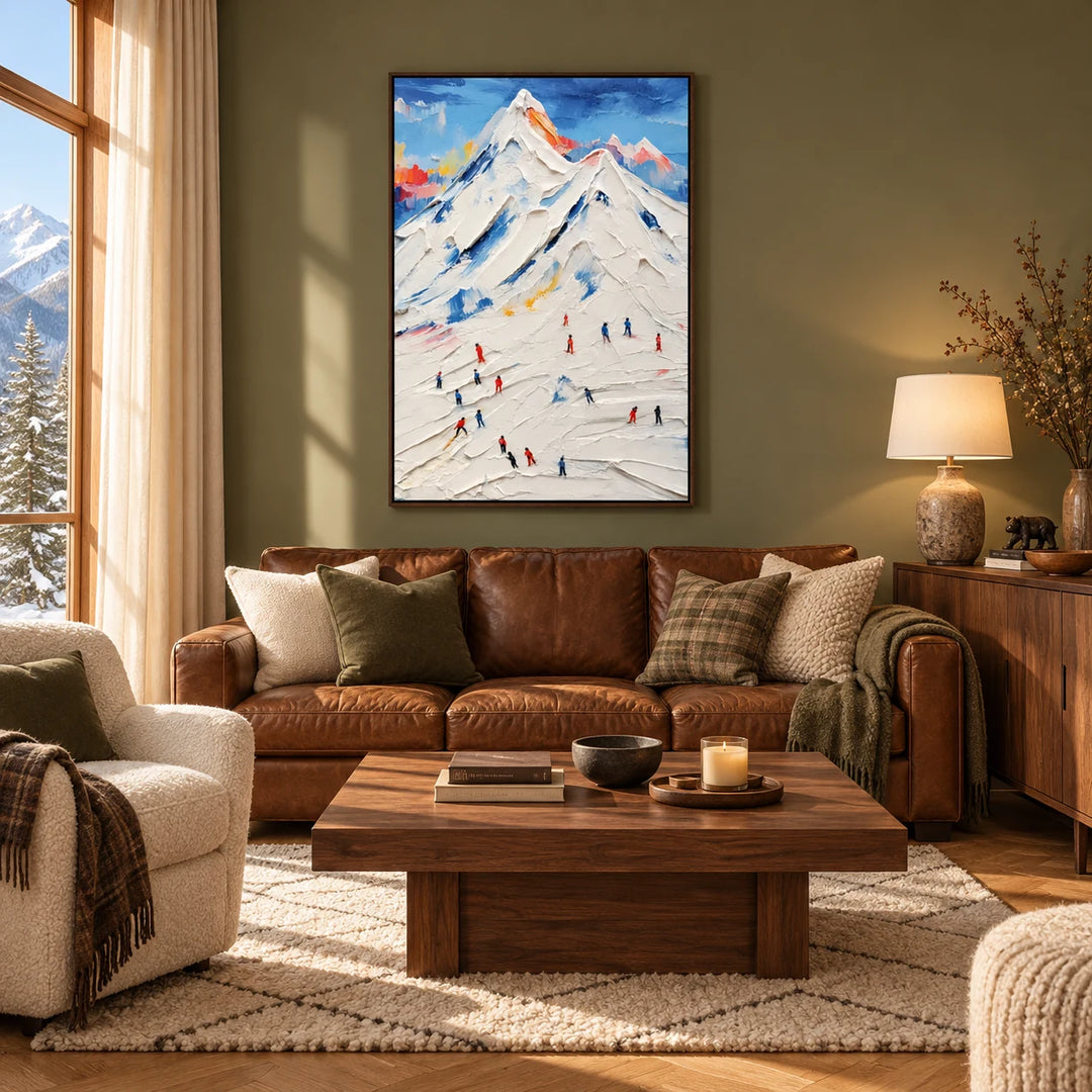 TA2929 Impasto Ski Mountain Landscape Painting in dark wood frame, full styled home interior