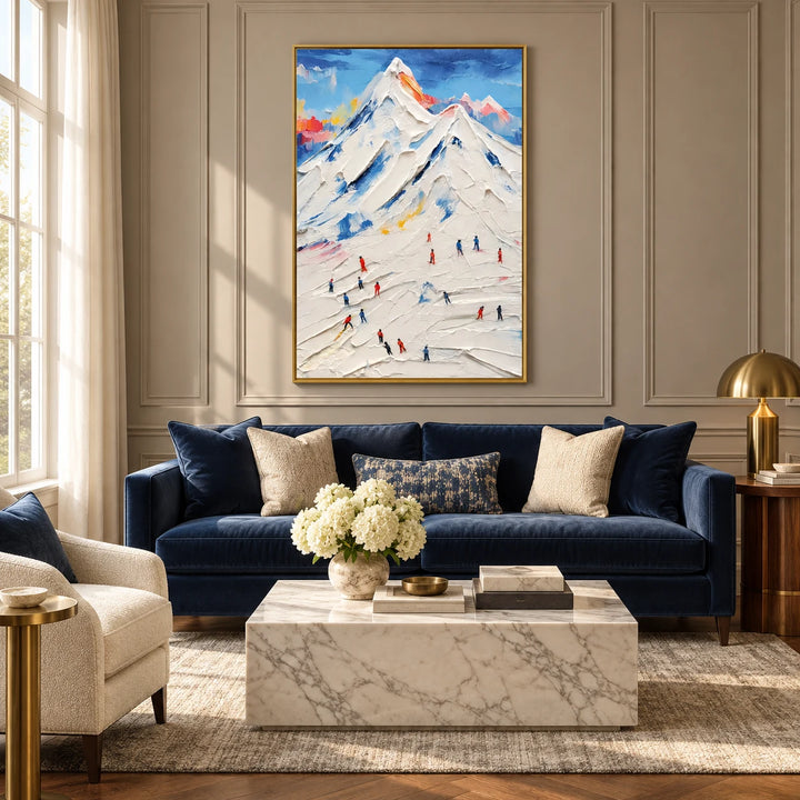 TA2929 Impasto Ski Mountain Landscape Painting in gold frame, full styled home interior